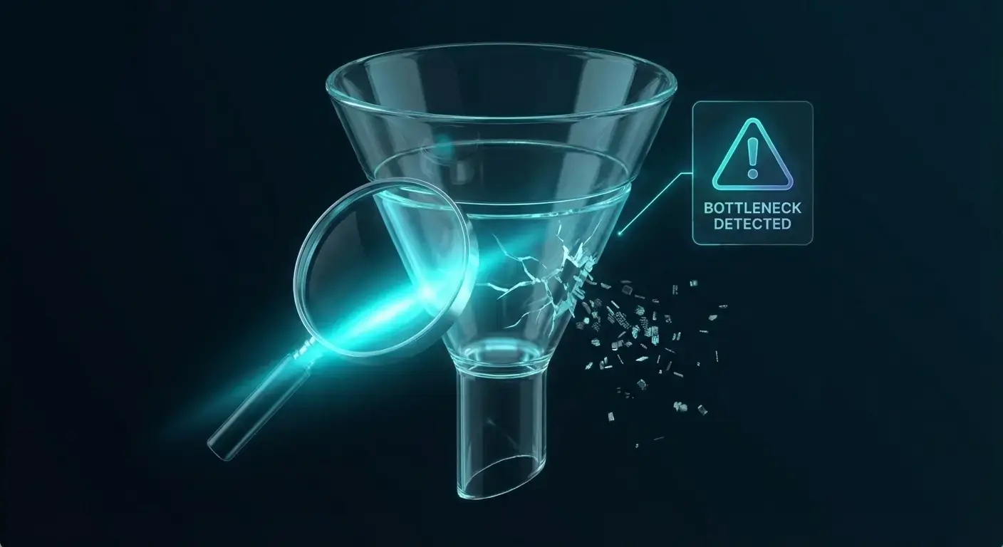 Embudo de conversion con fugas laterales que representa auditoria de ventas y optimizacion del funnel