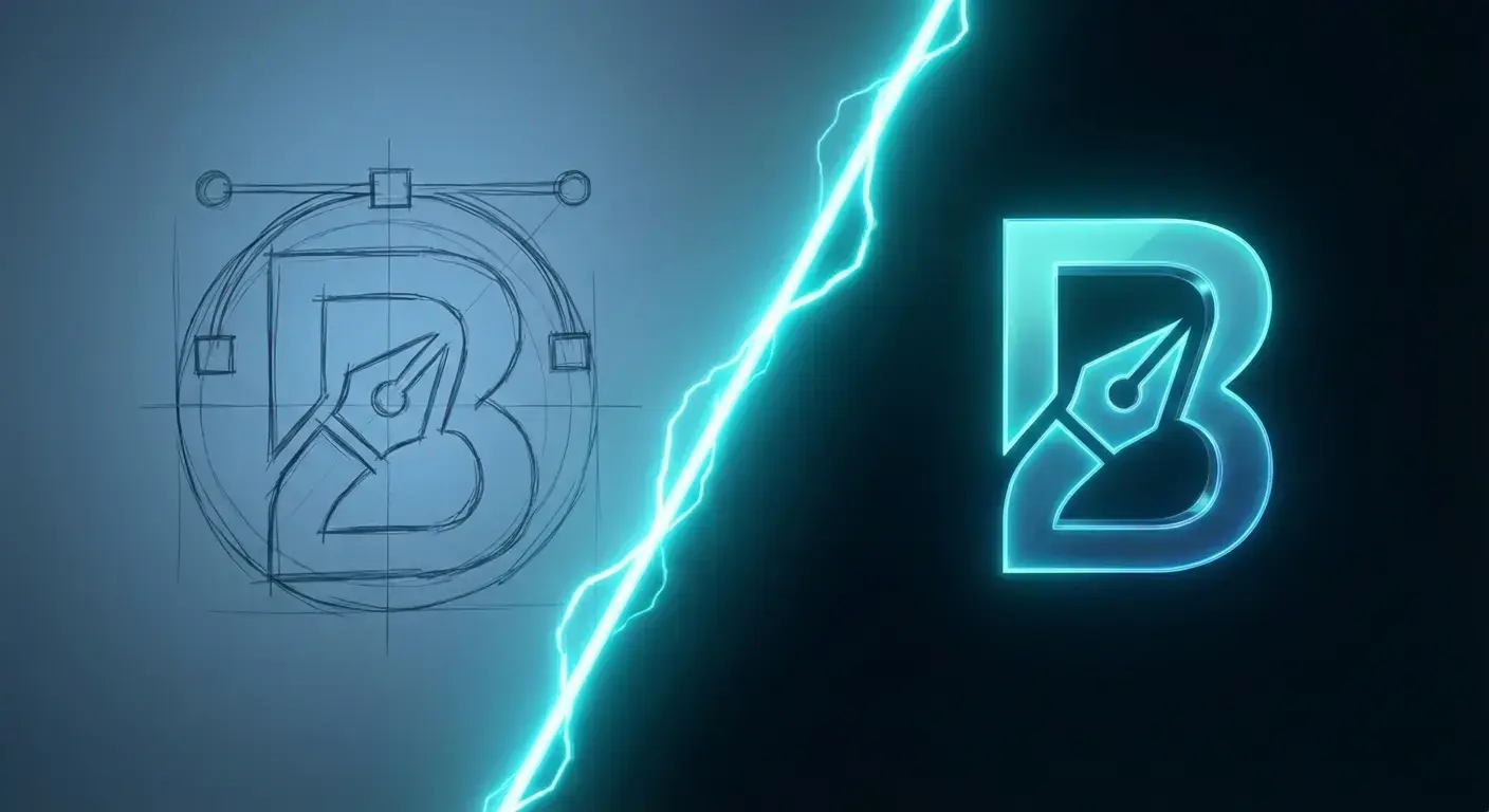 Comparacion visual de restyling de logo con flecha de actualizacion y estetica moderna